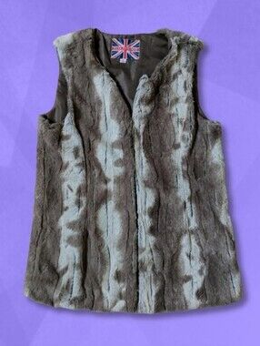 Miss London Faux Fur Vest - Grey, White - Size M